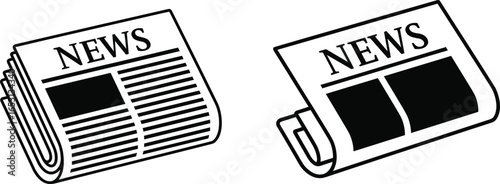 Newspaper icon set with black filled and outline styles, press media symbol, journalism graphic, news publication design, print communication illustration