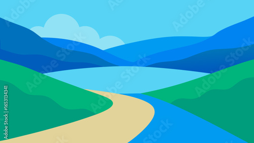 Gentle Slope Leading Down to Calm Blue Lake Serene View