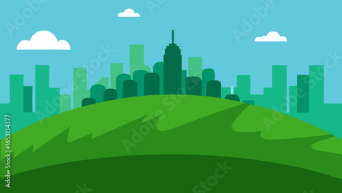 Vibrant Green Hill Foreground with Sprawling City Background