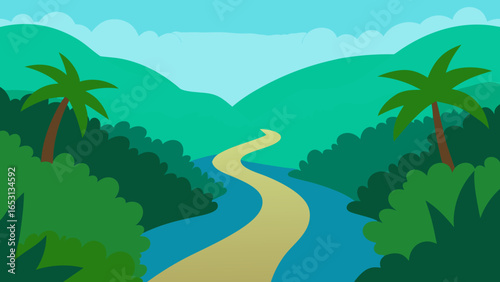 Lush Jungle Scene with Wide Slow Moving River Cutting Through