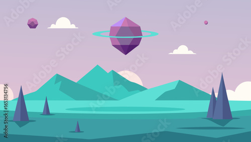 Conceptual Landscape of Floating Geometric Shapes Generating Light