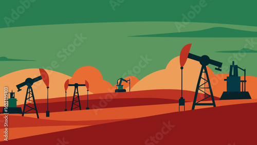 Industrial Landscape with Oil Pumpjacks Working in Field