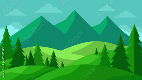A Lush Green Mountain Landscape with Stylized Pine Trees