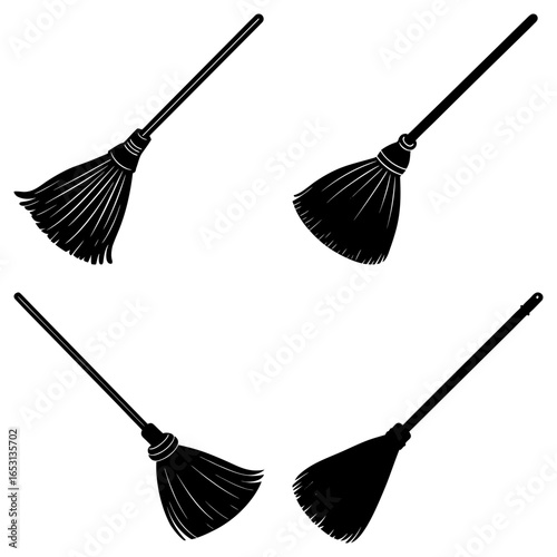 Four black silhouette images of brooms with long handles and bristles on a white background shown at angles