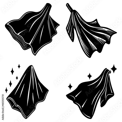 Illustration showing four black cloths in different poses with shiny effects and clean lines design style
