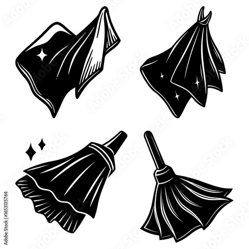 Illustration showing two cloths and two dusters in black and white cleaning equipment concept design