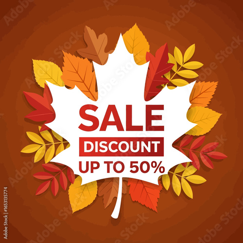 Flat illustration of autumn sale banner with maple leaf cutout, colorful fall leaves, and bold discount text, promoting seasonal shopping deals up to 50% off for marketing and retail ads