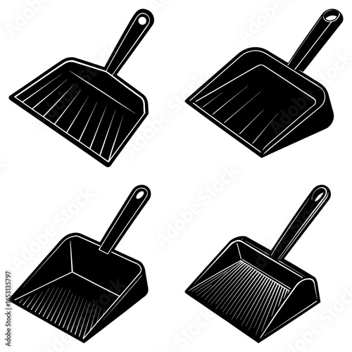 Four black and white dustpans arranged in a square pattern on a white background illustration image