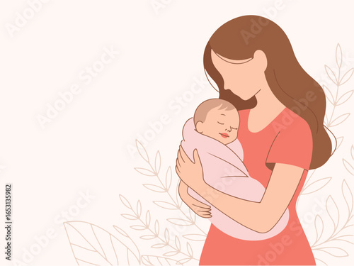 A woman holding a baby in her arms. Pregnancy and breastfeeding concept. Vector illustration.