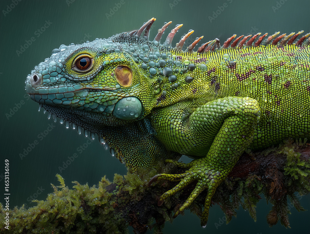 Obraz premium Macro de l’iguane vert sur branche moussue après la pluie, gouttes visibles et textures d’écailles fines, parfait pour éducation et nature.