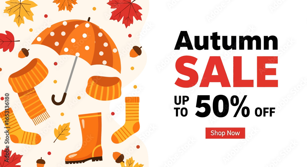 Fototapeta premium Flat illustration of autumn sale banner with umbrella, scarf, socks, boots, acorns, and falling leaves, perfect for seasonal shopping promotions, discounts, and retail advertising design