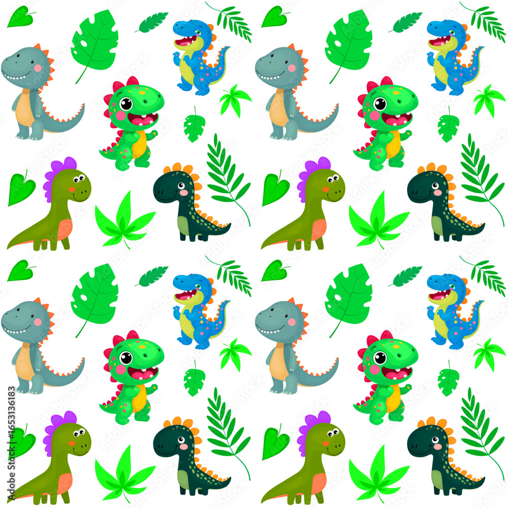 Naklejka premium Cute Dragons and Leaves Pattern Vector