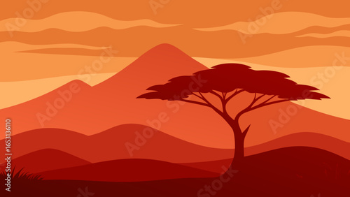 An African Savanna at High Noon with a Solitary Acacia Tree