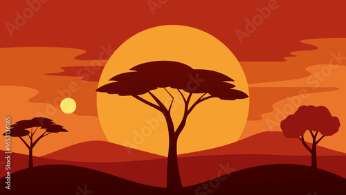 An African Savanna Scene with Acacia Trees and a Lone Elephant