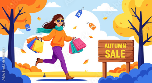 Flat illustration of autumn sale shopping with happy woman carrying colorful bags, seasonal discount tags, and fall leaves, perfect for promotion, marketing, retail, and seasonal sale advertising