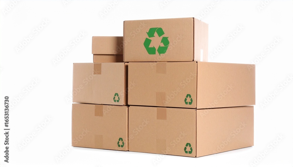 Obraz premium Recycle symbol on stacked cardboard boxes with a plain white background, suggesting eco-friendly packaging and sustainability
