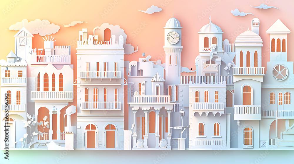 Fototapeta premium Whimsical Paper Cityscape Illustration with Architectural Details and Soft Sunset Lighting