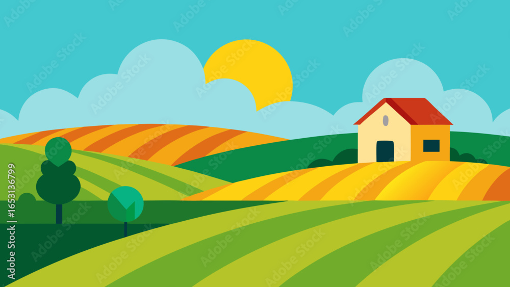 Fototapeta premium Serene Farm Scene with Patches of Green and Yellow Fields Countryside