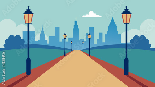 Park Path with Ornate Lampposts Leading into the Distance Elegant
