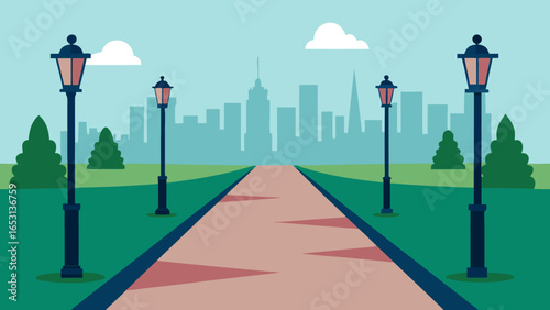 A Park Path Lined with Ornate Lampposts Leading into the Distance