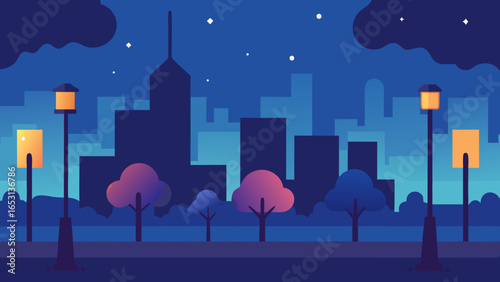 A Park Scene at Dusk with Lights Turning On Evening Serenity