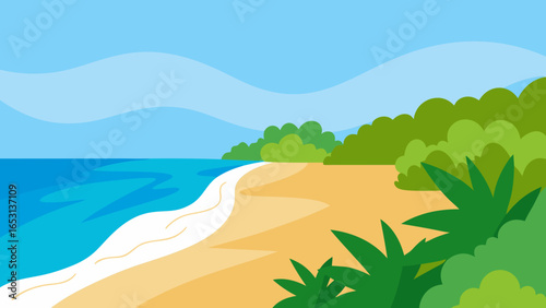 Experience a Sandy Beach with Gentle Waves Seen from Behind