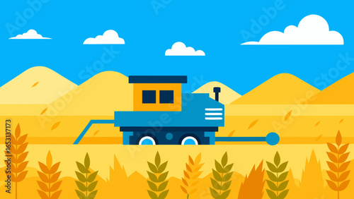 View a Scene of a Harvest with a Combine Harvester in Fields
