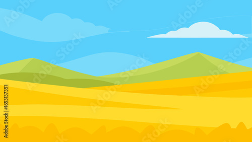 Observe a Simple Cartoon Landscape with Gentle Yellow Fields