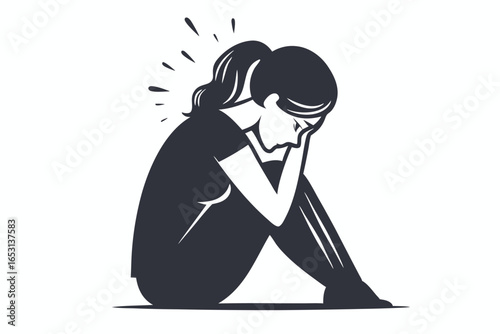 Silhouette of Young Woman in Fetal Position with Head in Hands on White