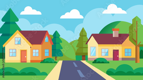 Walk a Suburban Neighborhood Street with Neat Houses and Green Lawns