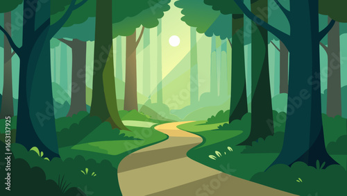 Stroll a Tranquil Forest Path with Sunlight Filtering Through Trees
