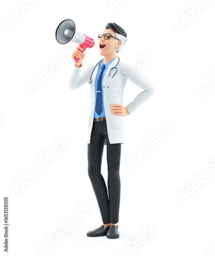 3d cartoon doctor making an announcement with megaphone