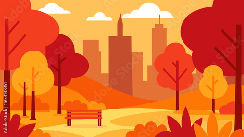 Lively vibrant city park in autumn with trees casting shade