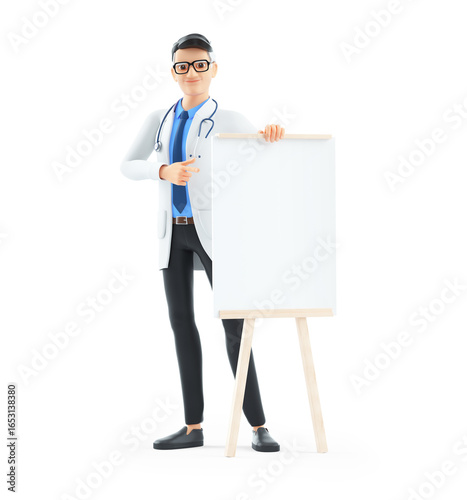 3d cartoon doctor pointing to wooden easel with blank canvas