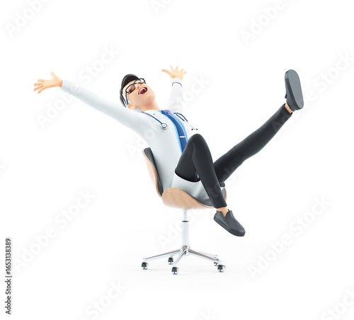 3d successful cartoon doctor in office chair