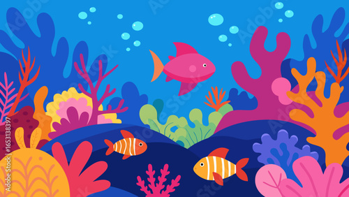 Lively vibrant coral reef teeming with stylized sea creatures