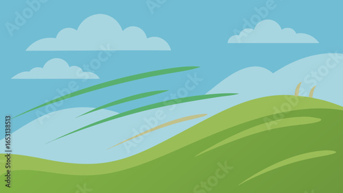 Beautiful windy day illustration with swaying grass across a field