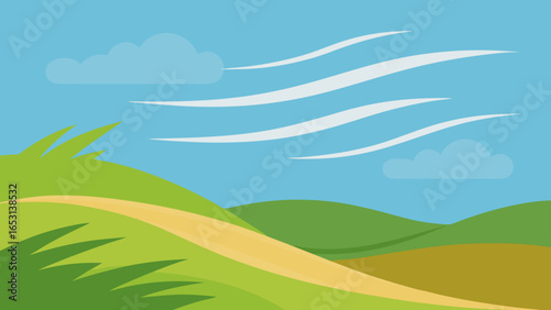 Dynamic windy day illustration with swaying grass across a field