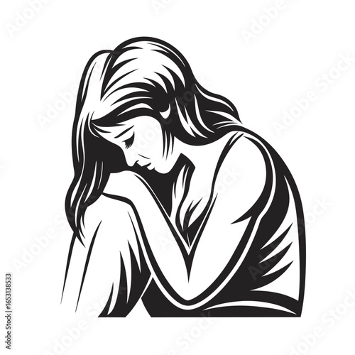 Woman Seated Embracing Knees in Melancholy on White Background Art