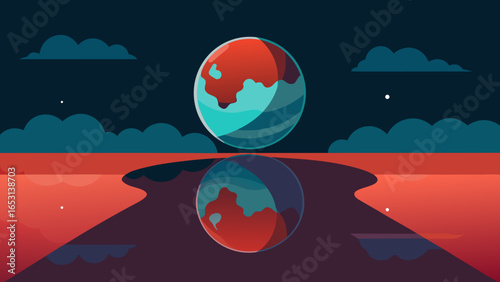 A mysterious world where the ground is a vast dark mirror plane