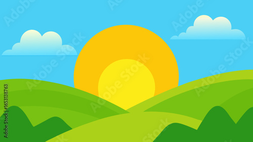 Playful cartoon style landscape featuring overly bright green hills