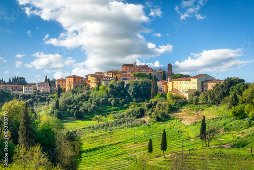 Lari old village skyline and the surrounding countryside. Casciana Terme Lari, Tuscany, Italy