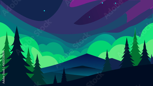 Stunning Northern Lights Aurora Borealis illustrated across a night sky