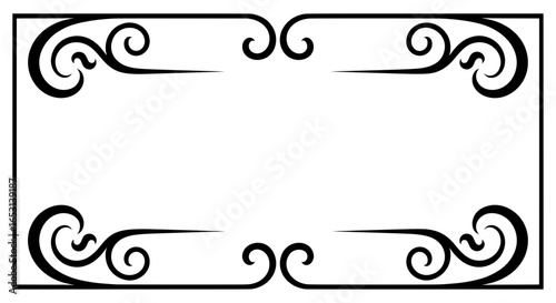 A classic vintage frame featuring elegant calligraphic swirls and decorative curls within a rectangular border. This monochrome design is perfect for wedding invitations or certificates.