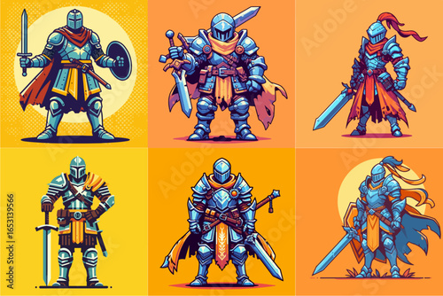 cartoon illustration of medieval knight character on orange background