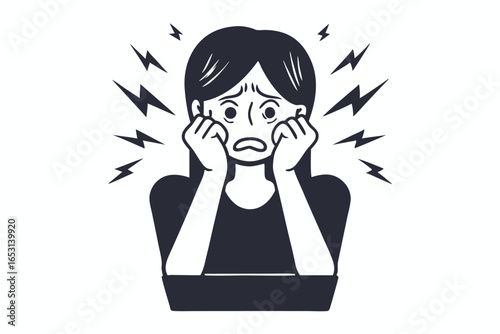 Stressed Woman Surrounded by Lightning Vectors on White Background