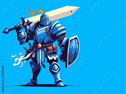 cartoon illustration of medieval knight character on blue background