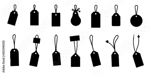 Silhouette Set of Price Tag Icons, including variations such as blank tags, tags with holes, tags with strings, and stylized versions
