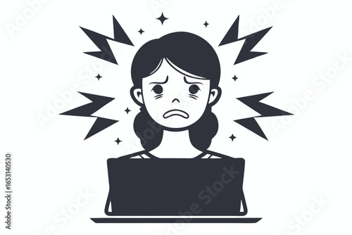 Stressed Woman Behind Laptop with Lightning Bolts on White Background