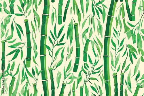 Green bamboo stalks pattern with vertical repeating bamboo slats illustration, natural texture background with gentle organic design in various shades of green and beige